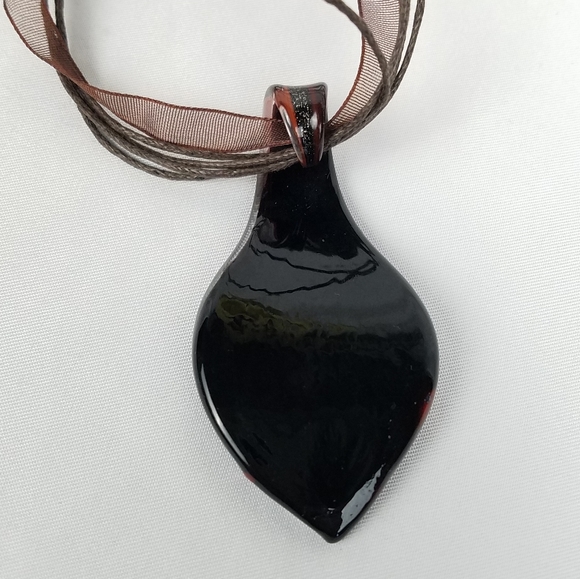 Dichroic Art Glass Leaf Shaped Pendant Necklace Multi Strand Ribbon Cord 17" 18" - Picture 2 of 3